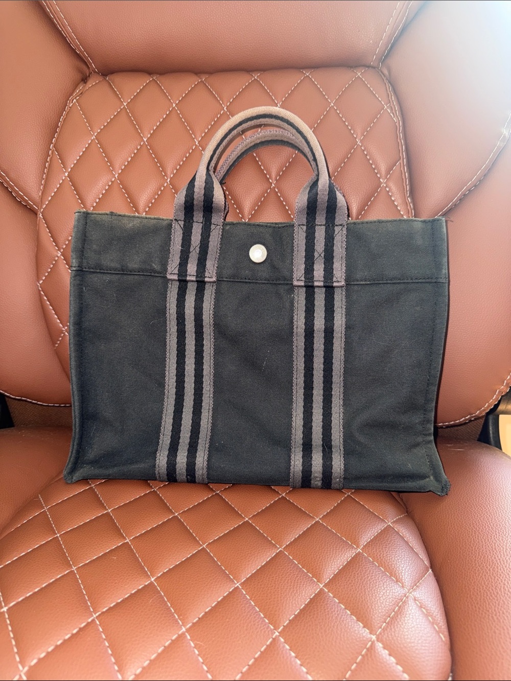 Hermès Fourre Tout MM Black Canvas Tote Gray Stripe Authentic Vintage Bag